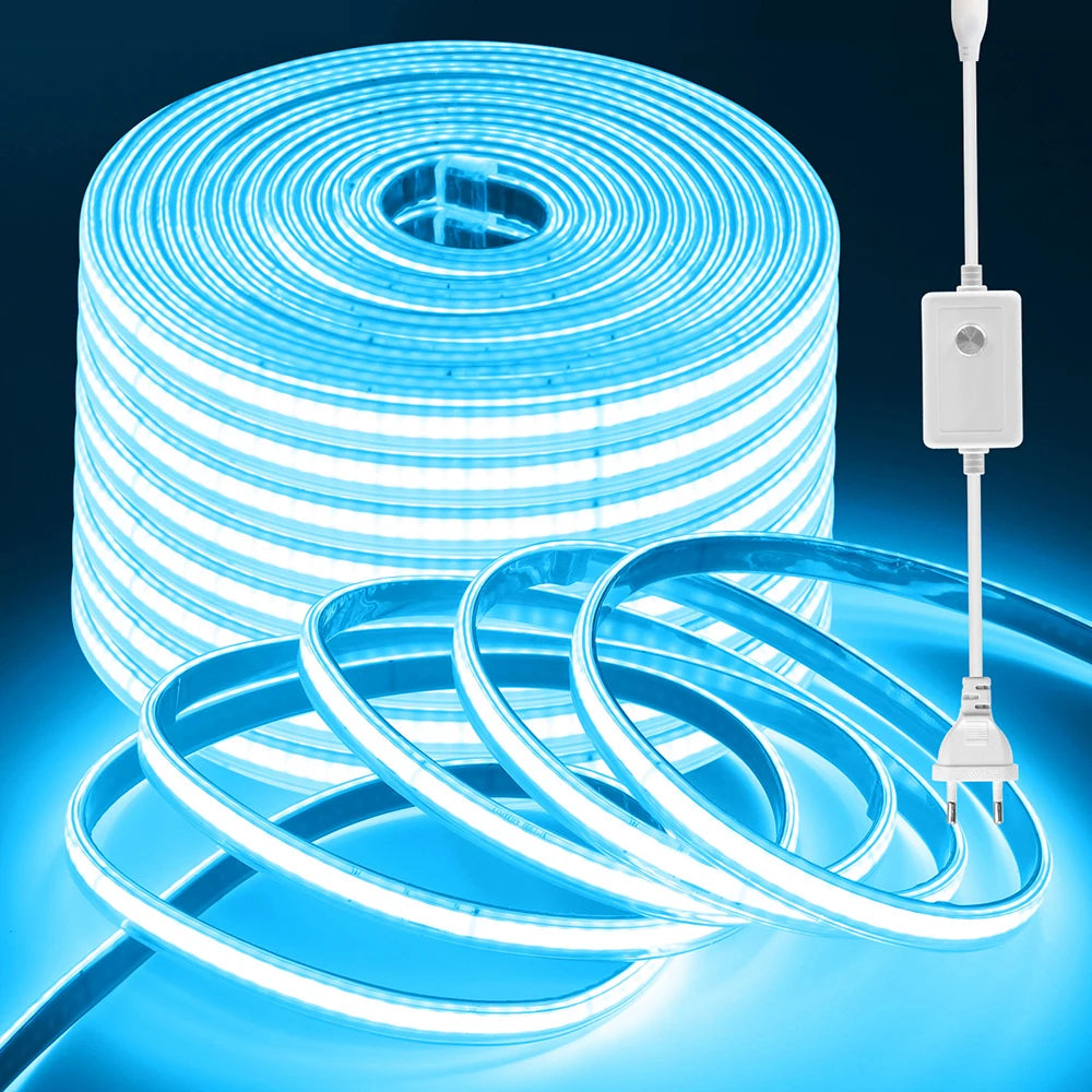 Blue dimmable COB LED strip light kit with EU plug and inline dimmer box