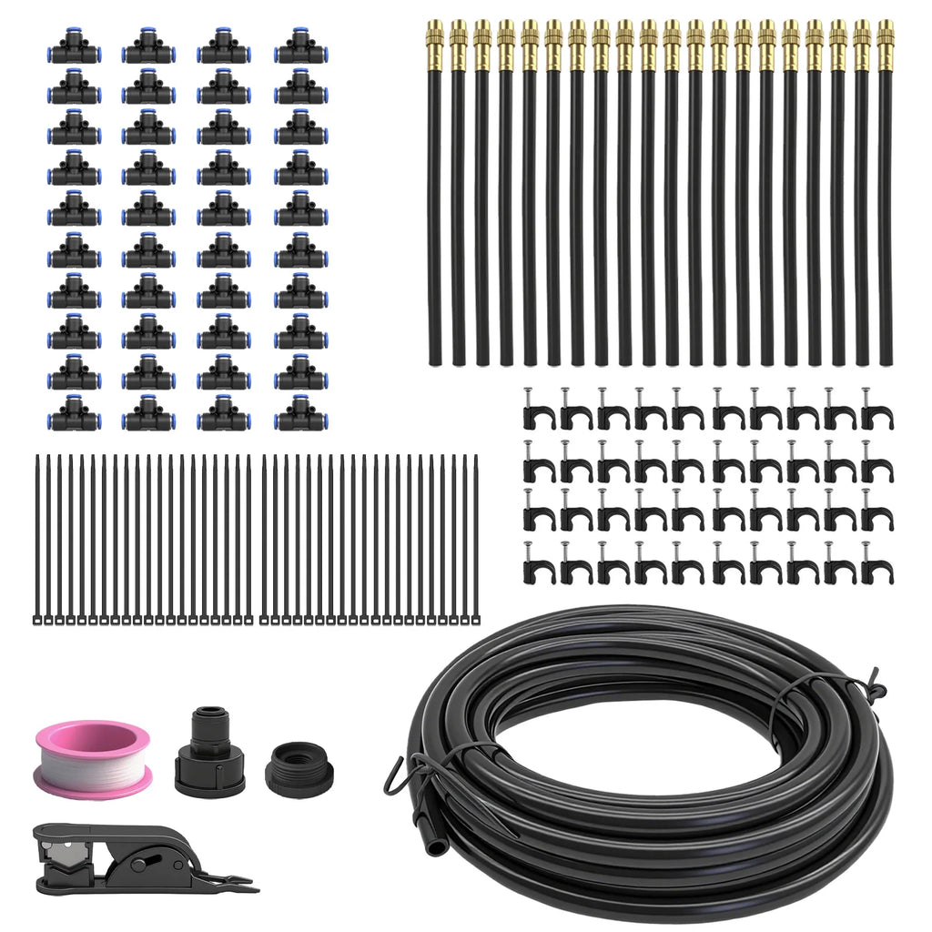 20M DIY Drip Irrigation System Kit, 360° Adjustable Copper Spray Nozzles Garden Watering Set with Pipe Cutter, Clips, Cable Ties, Adapters for Vegetable Garden, Potted Plants, Greenhouse