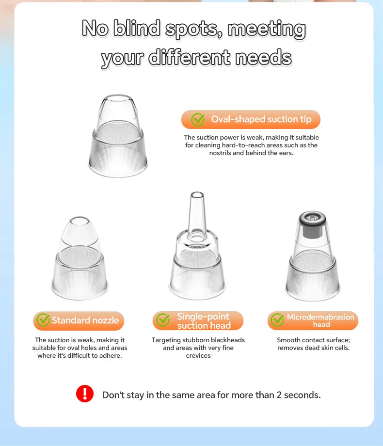 Four clear suction heads for electric blackhead remover vacuum pore cleaner for facial acne and skin exfoliation.
