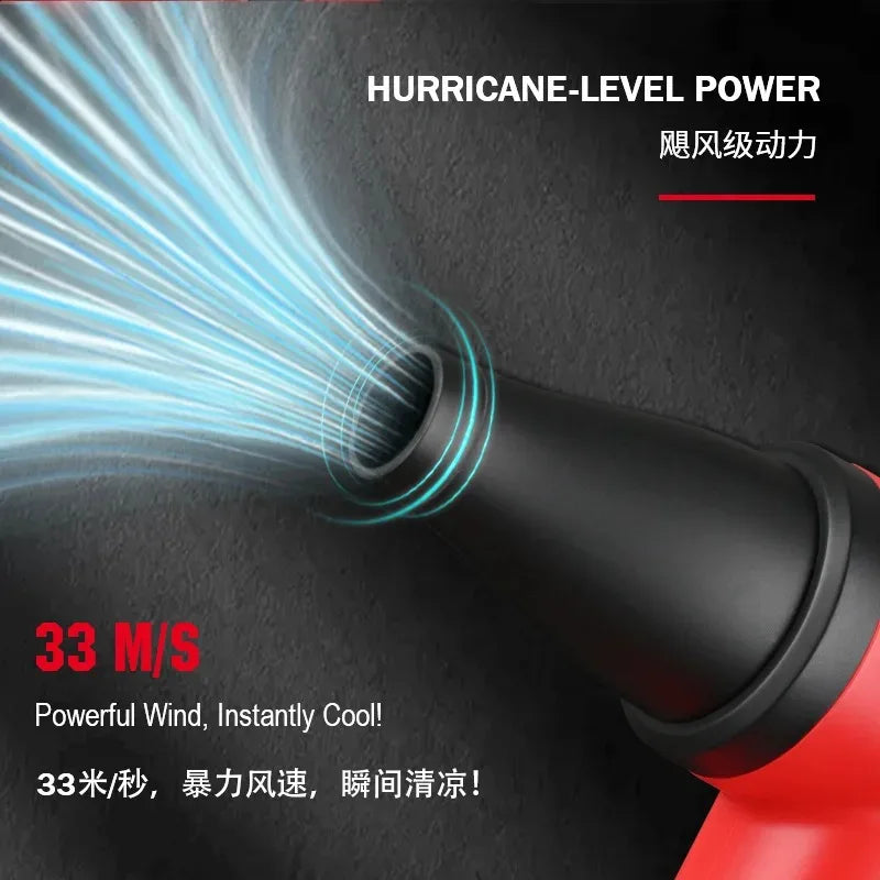 WMARK 130000RPM brushless turbo jet fan in red, featuring a powerful high-velocity nozzle for rapid hair drying.