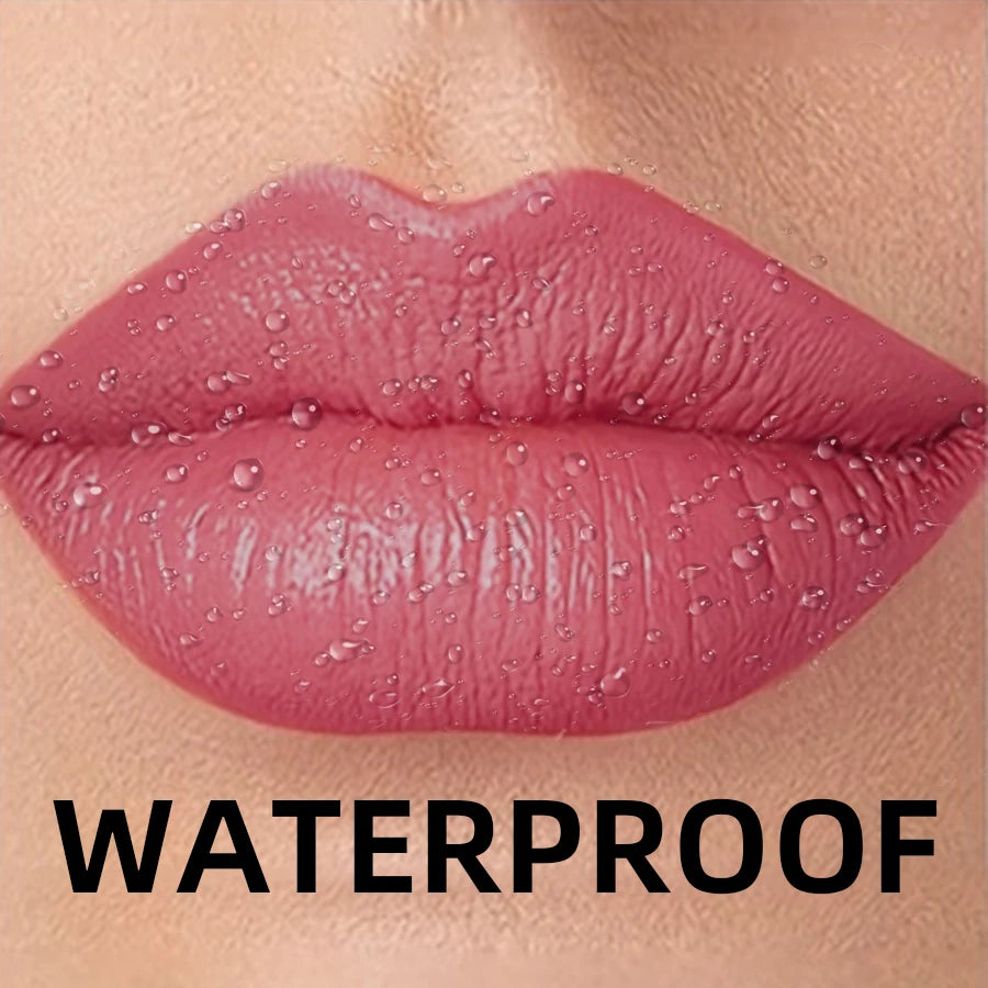 Waterproof pink peel-off liquid lipstick with a matte texture, shown on lips with water droplets.