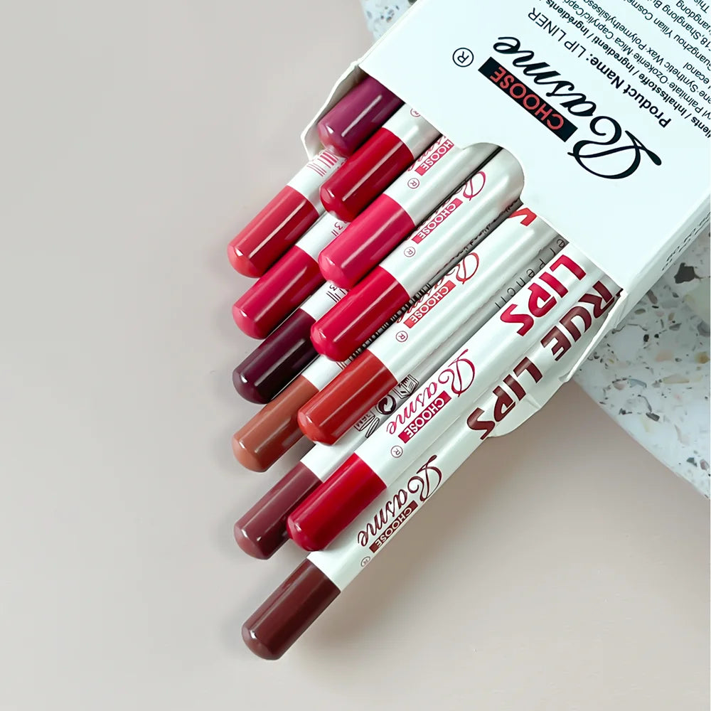 12-piece lipstick and lip liner set with assorted matte shades, from soft nudes to bold reds in a professional case.