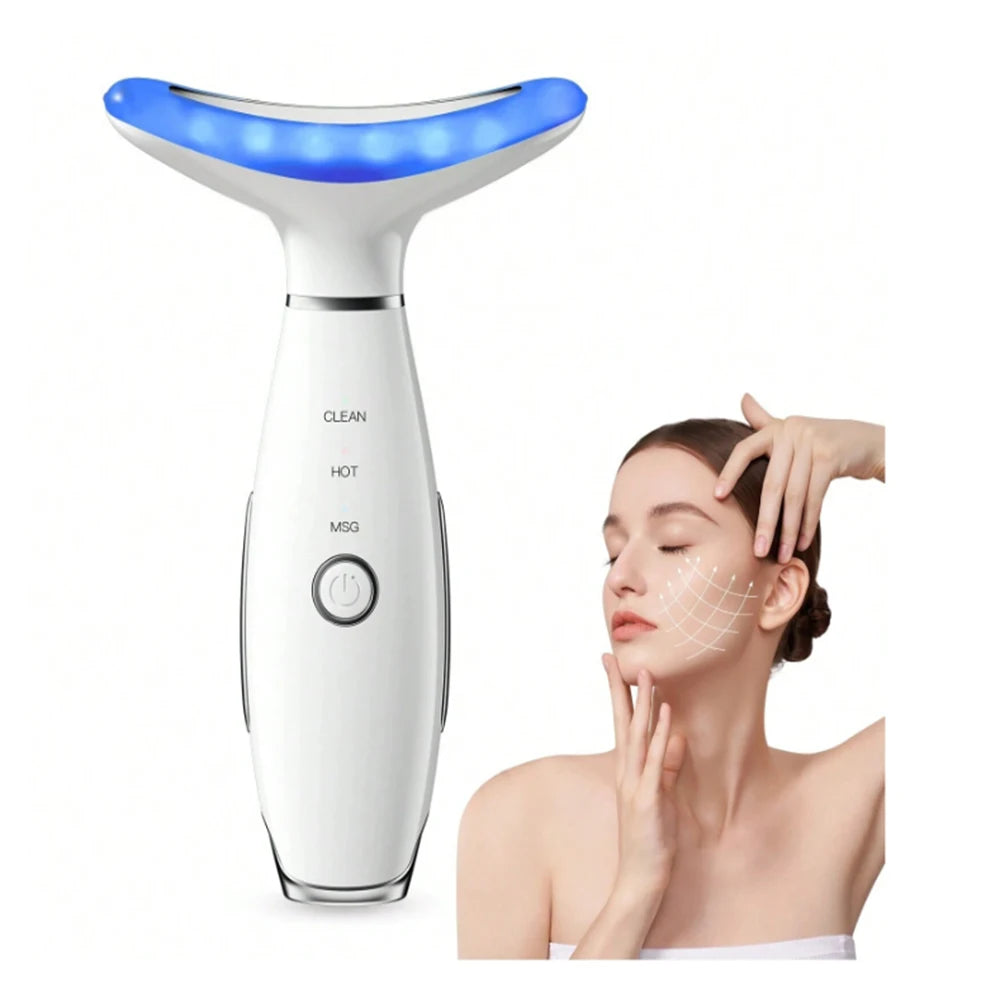 White handheld facial and neck massager with a curved blue light head and power button for skin rejuvenation.