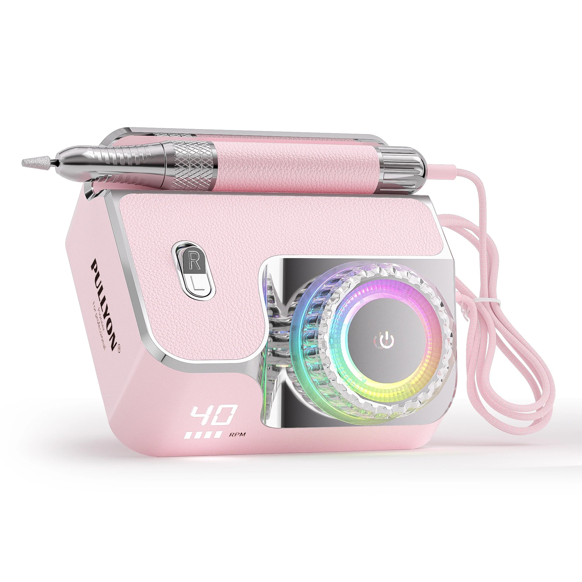 Pink rechargeable 40000RPM electric nail drill with LED speed display and light ring for salon manicure and pedicure.