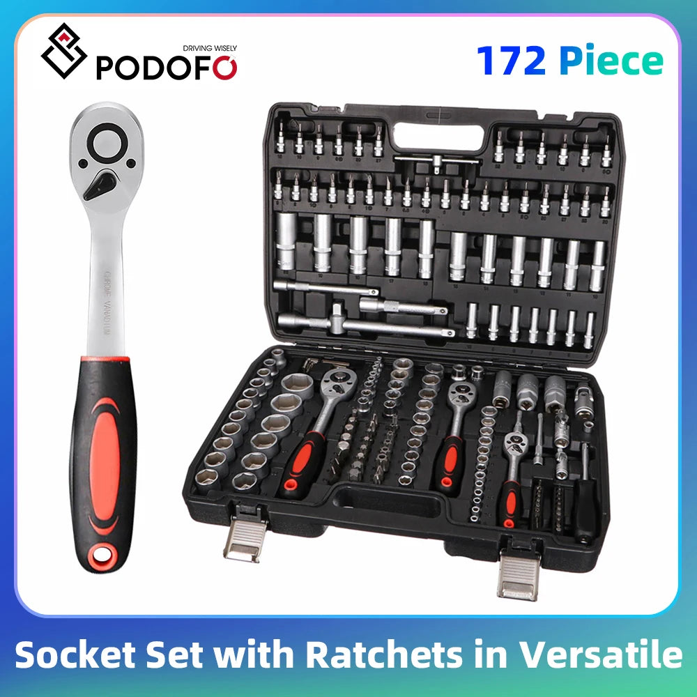 Podofo Ratchet Wrench Tool Kit Socket Set 172pcs with Ratchets in Versatile 172-piece Set Suitable for Any Workshop or Garage