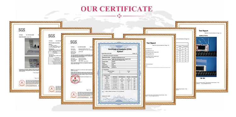 A collection of SGS test reports and a Certificate of Analysis for Yelix 2D Y-lash extensions.