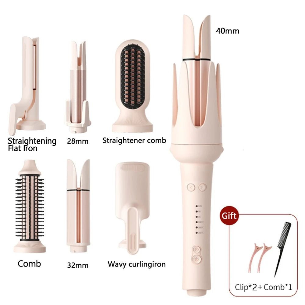 Pink automatic curling iron set with 6 styling attachments, negative ion hair care, and adjustable temperature control.