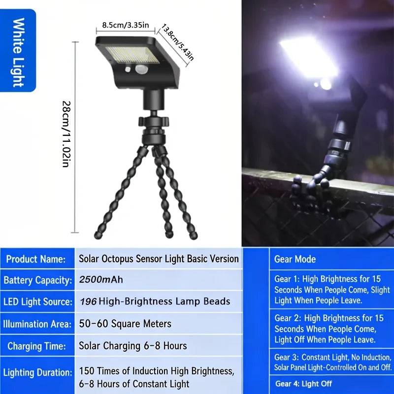 2pcs IP65 Solar Octopus Lights. Bendable Brackets Fit Any Spot, Solar Powered Pool Lights, 196 LEDs with Motion Sensor Auto-on. Drill-free Installation, Great for Yard Lighting