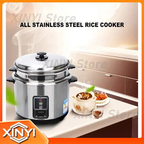 Stainless steel rice cooker with glass lid knob and front digital display panel