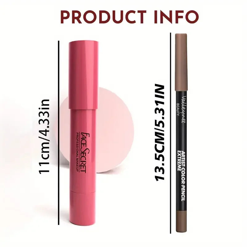 2pcs matte velvet lipstick set: pink lipstick tube and brown artist color pencil for long-lasting waterproof lip makeup.