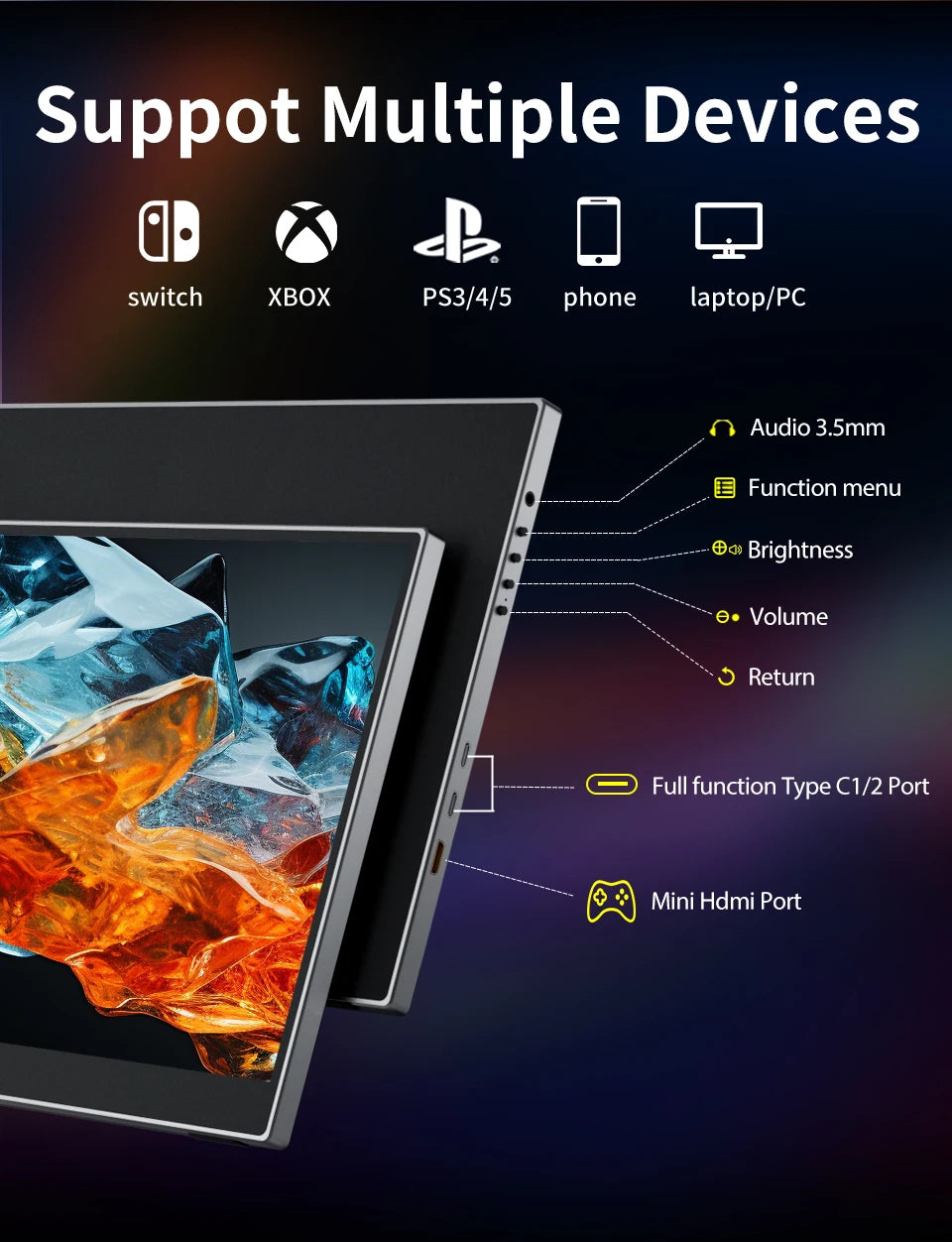 HGFRTEE 14.1 Inch Portable Monitor 1200P 16:10 Aspect Ratio 63%sRGB Second Screen for Laptop Gaming Compatible with Switch PS4/5