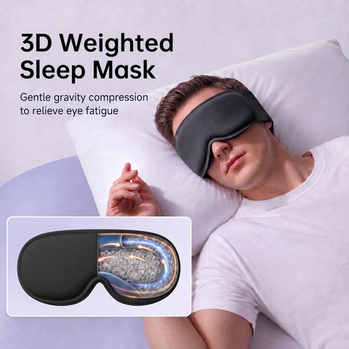 Gravity eye mask: 3D weighted sleep mask with glass beads for pressure relief and eye fatigue, worn by man on pillow.