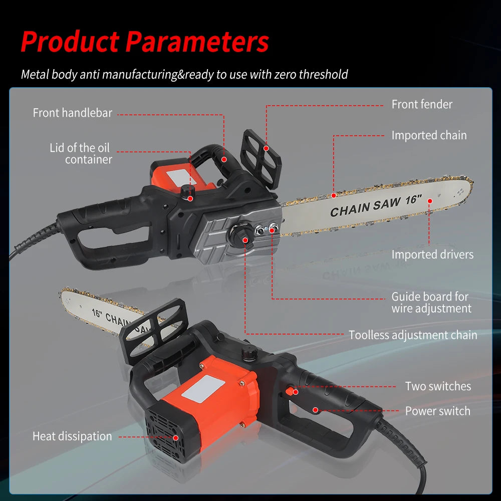 Podofo 16" 2000W Electric Large Chain Saw 16inch Corded High Speed Large Chain Saw Wire Motor Power Woodworking Cutter Garden Tool