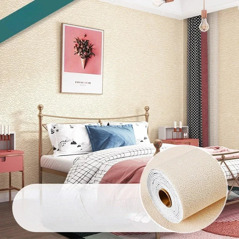 Beige 3D wall panel wallpaper roll with self-adhesive foam soundproof backing