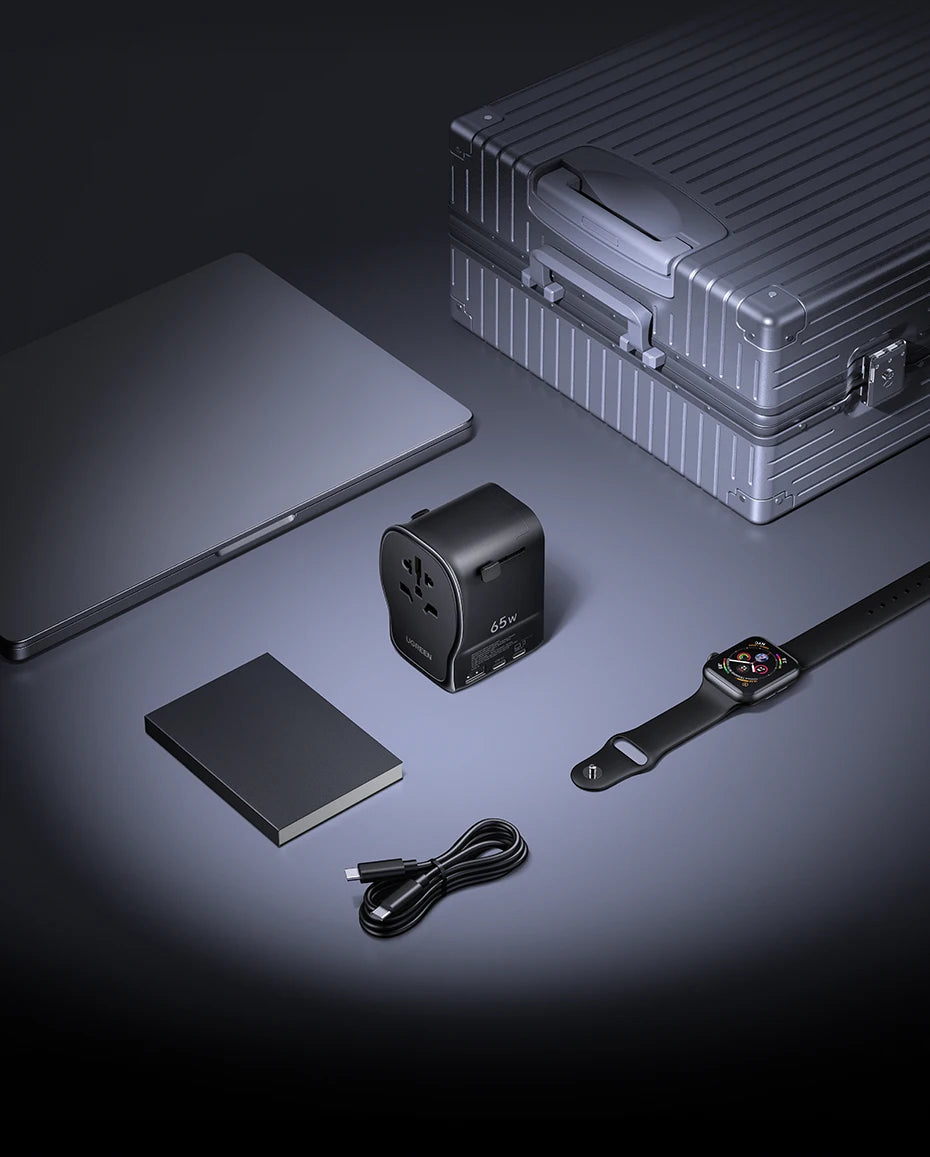 UGREEN 65W Universal Travel Adapter 2 USB-C 1 USB-A AC Socket GaN Charger Certified CE FCC UKCA TÜV For EU US UK Grounded Plug