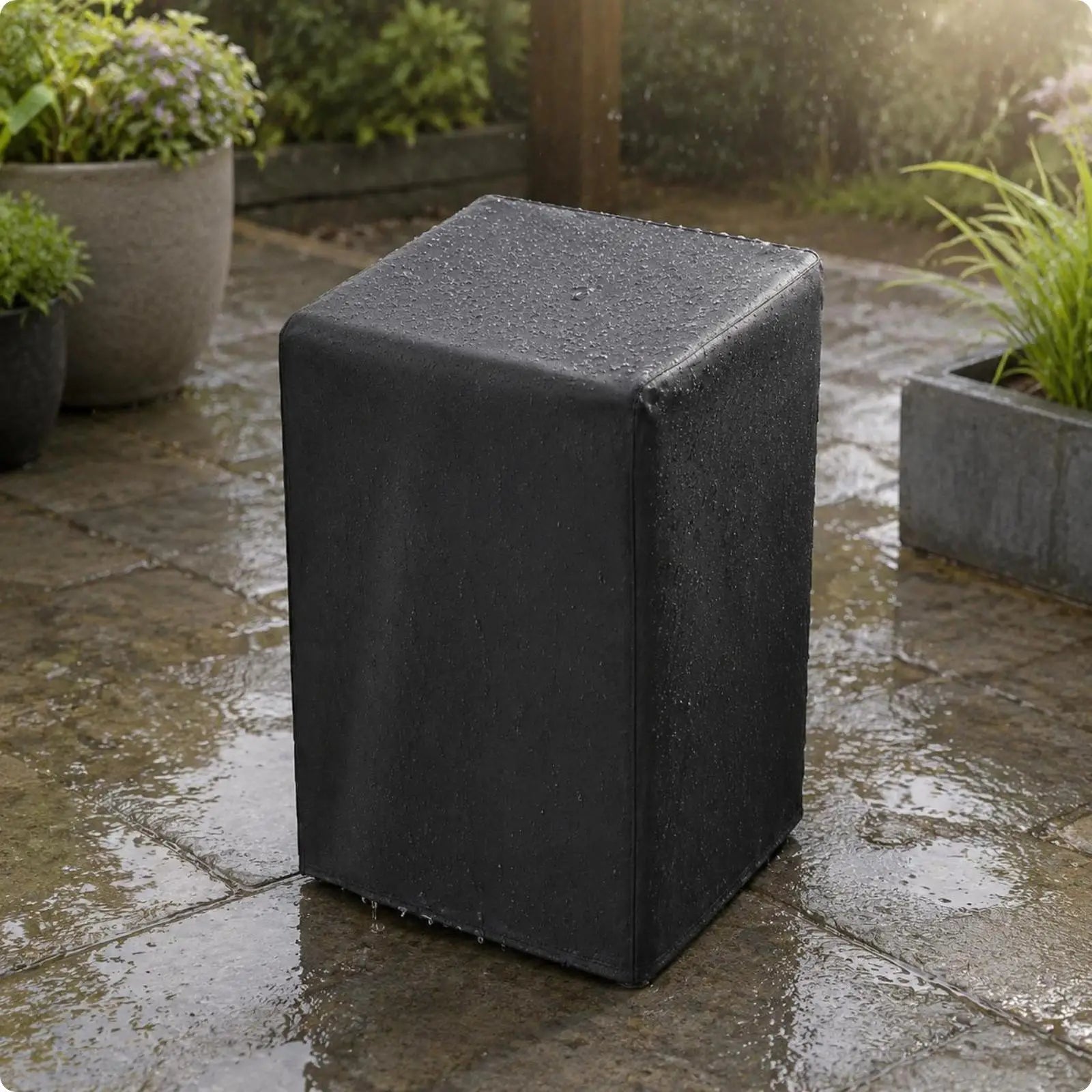 Water-resistant speaker cover, black rectangular fabric cover with square corners