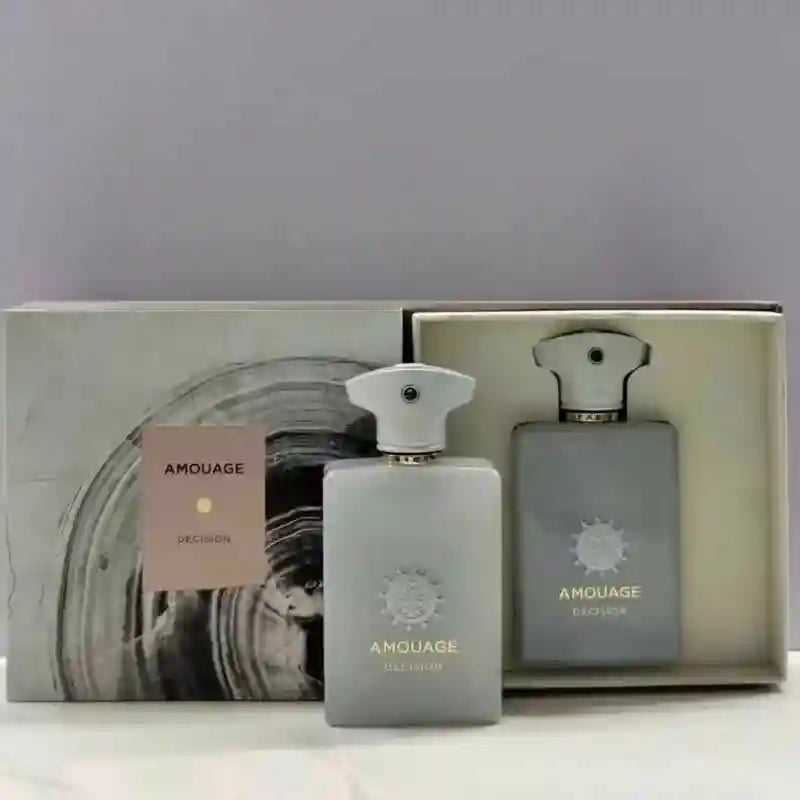 Amouage Decision men’s 100ml woody aromatic fragrance. Elegant grey rectangular bottle and luxury gift box set.