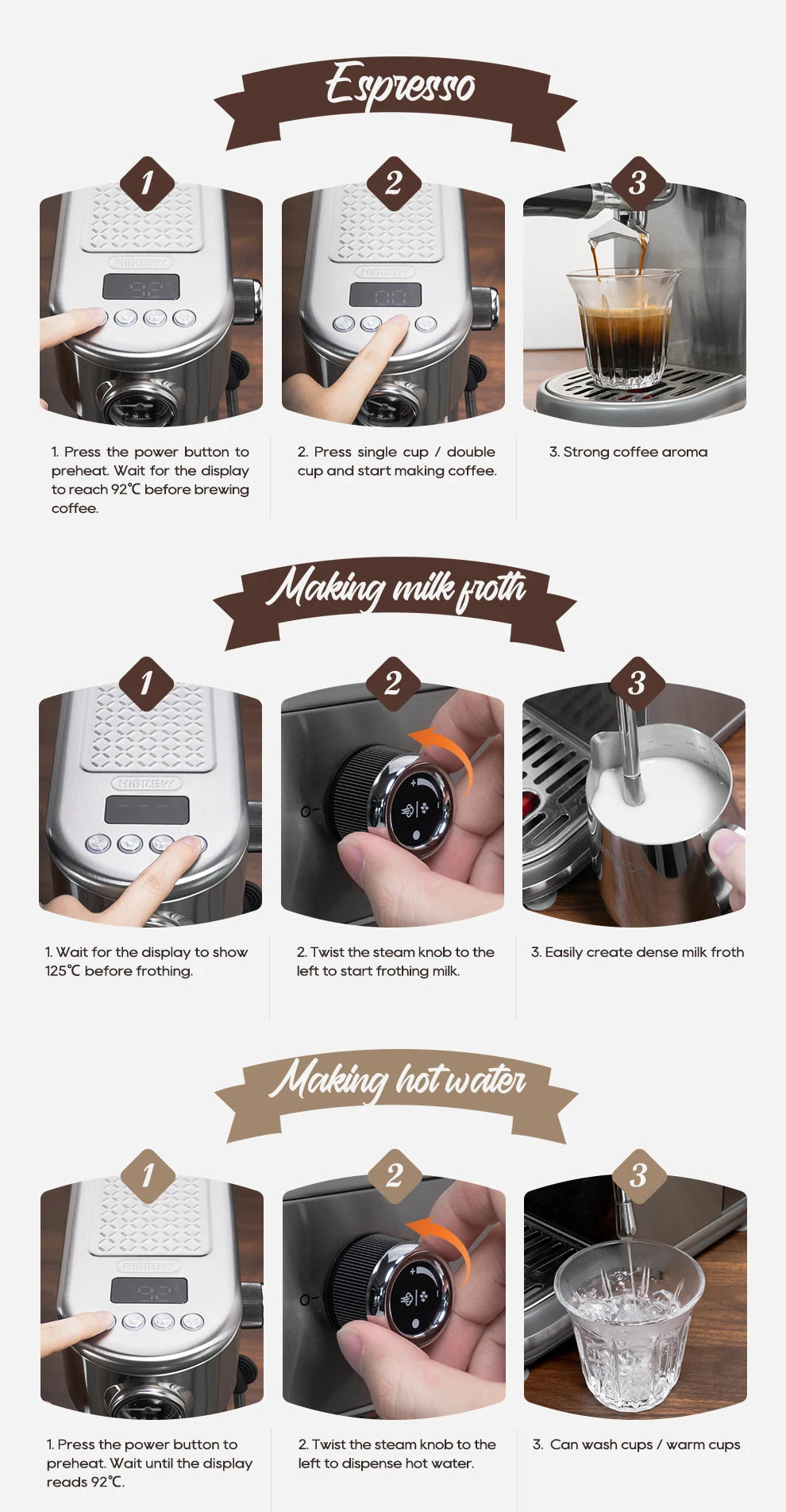 Instructional infographic for Hibrew stainless steel espresso machine showing steps for coffee, froth, and hot water.