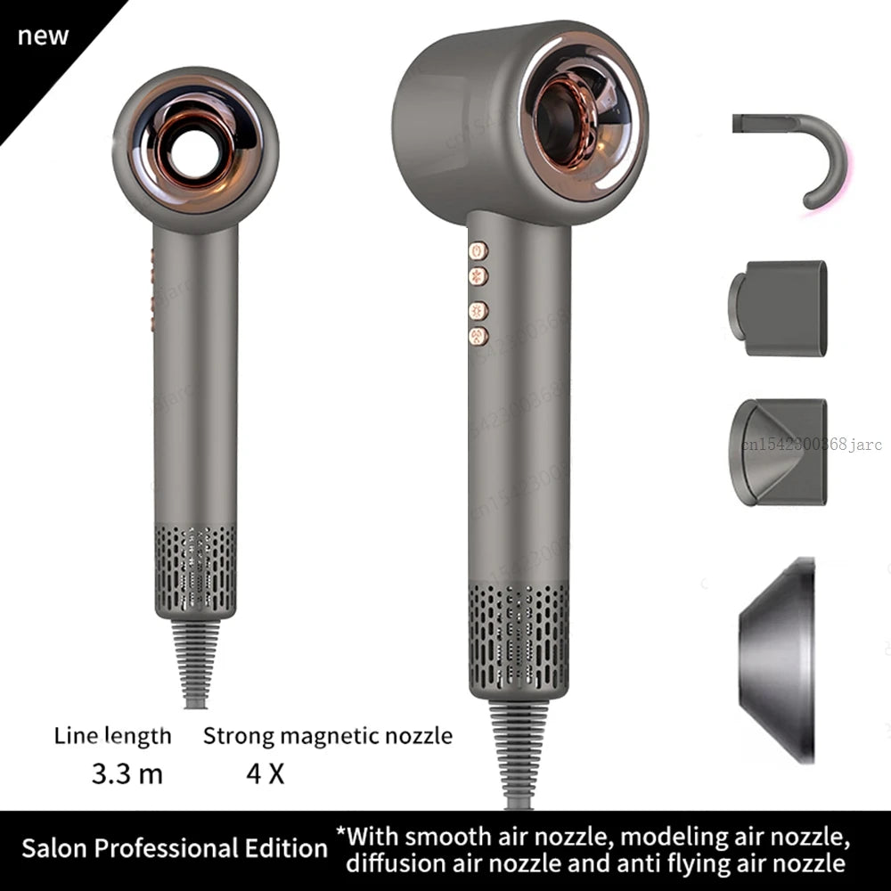 Grey leafless negative ion hair dryer with 4 magnetic attachments for professional salon-quality quick drying at home.