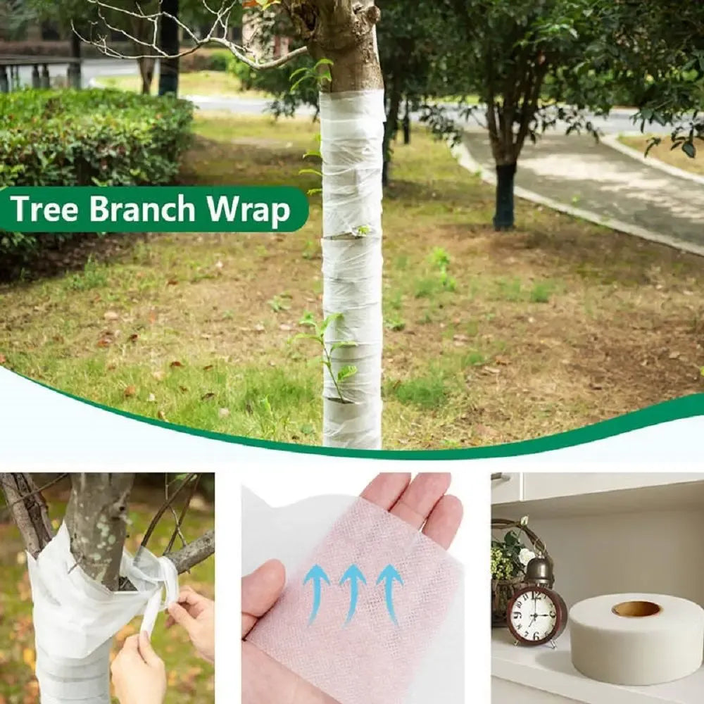 White tree branch wrap roll and translucent film shown on a hand