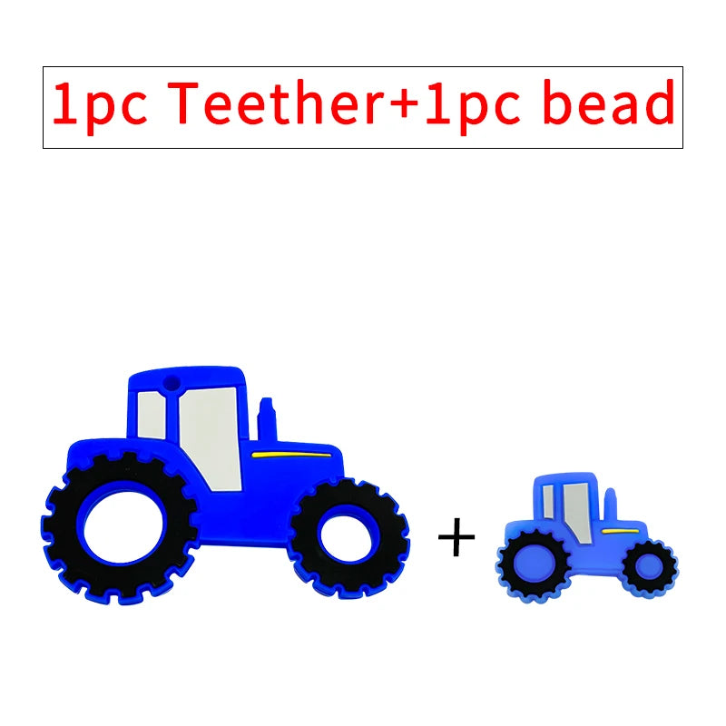 Blue silicone tractor baby teething toy and matching bead for soothing infant teething pain.