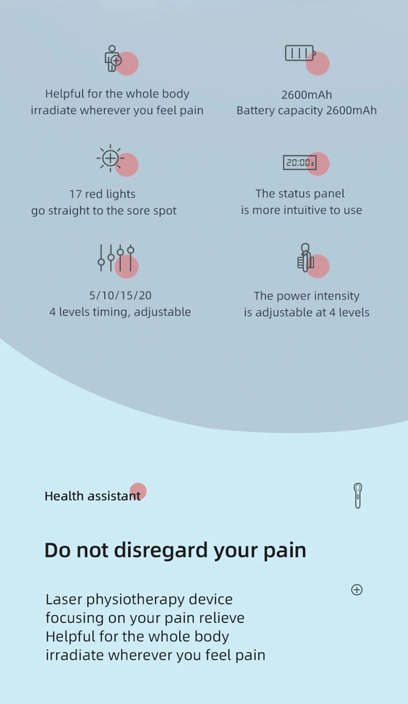 Infographic of handheld LLLT red light therapy device for pain relief with 17 LEDs, timer, and adjustable intensity.