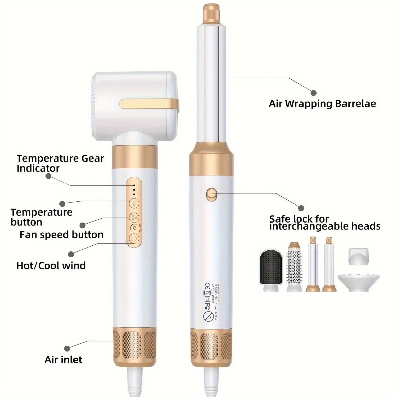 TINSOL 7-in-1 hair dryer and curling wand set in white and gold with interchangeable styling heads and speed controls.