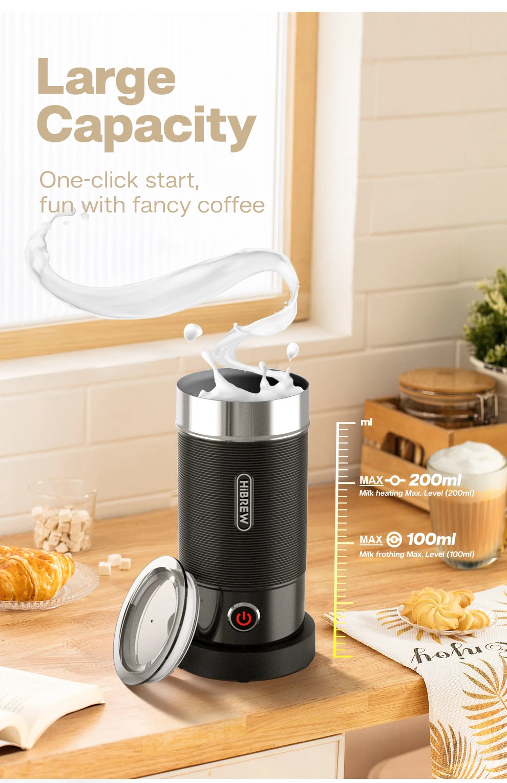 HiBREW black electric milk frother and heater with 200ml heating and 100ml frothing capacity for coffee drinks.