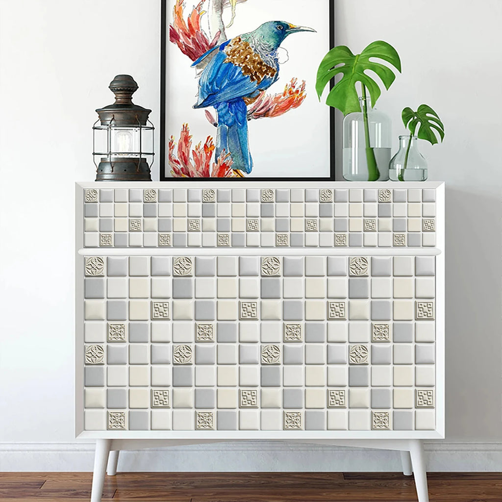 10pcs Flat Mosaic Tiles Sticker Set Kitchen Bathroom Wall Decals Gloss Waterproof Film 2D Surface Cover Transfers for Home Decor