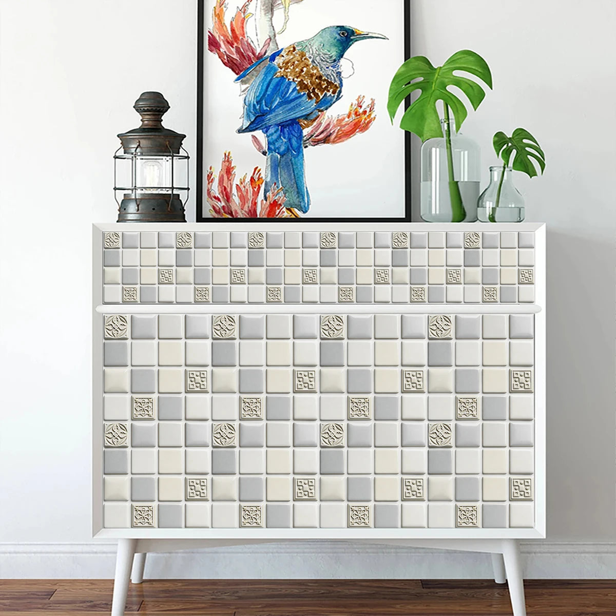 10pcs Flat Mosaic Tiles Sticker Set Kitchen Bathroom Wall Decals Gloss Waterproof Film 2D Surface Cover Transfers for Home Decor