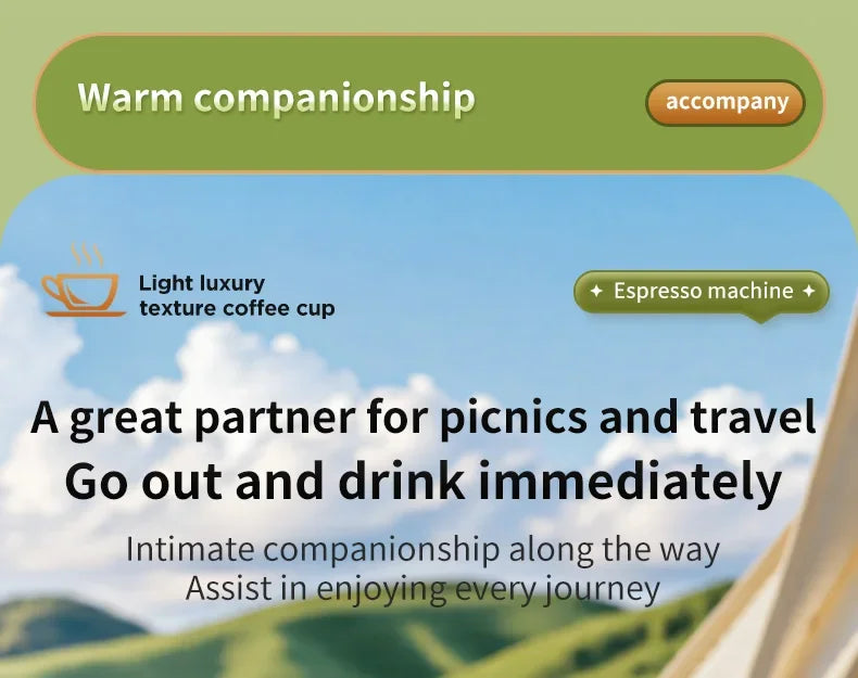 Portable light luxury espresso machine for travel and picnics, outdoor coffee maker with sleek, compact design.