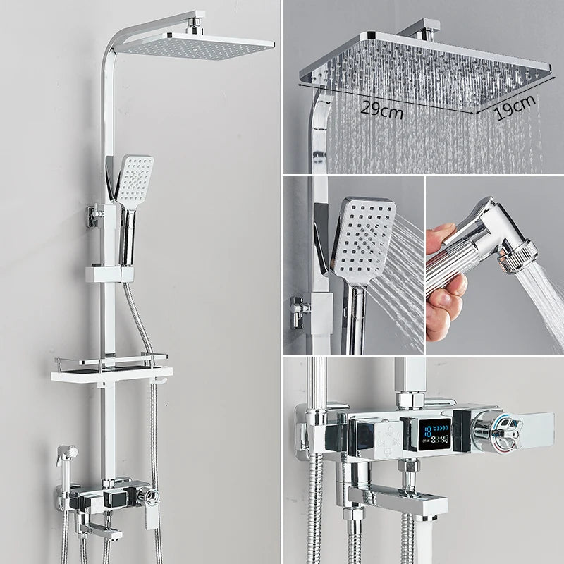 4 Ways Digital Display Shower Faucet Bathroom Thermostatic/Hot Cold Rainfall Shower Head Brass Rotate Mixers Bidet Faucet