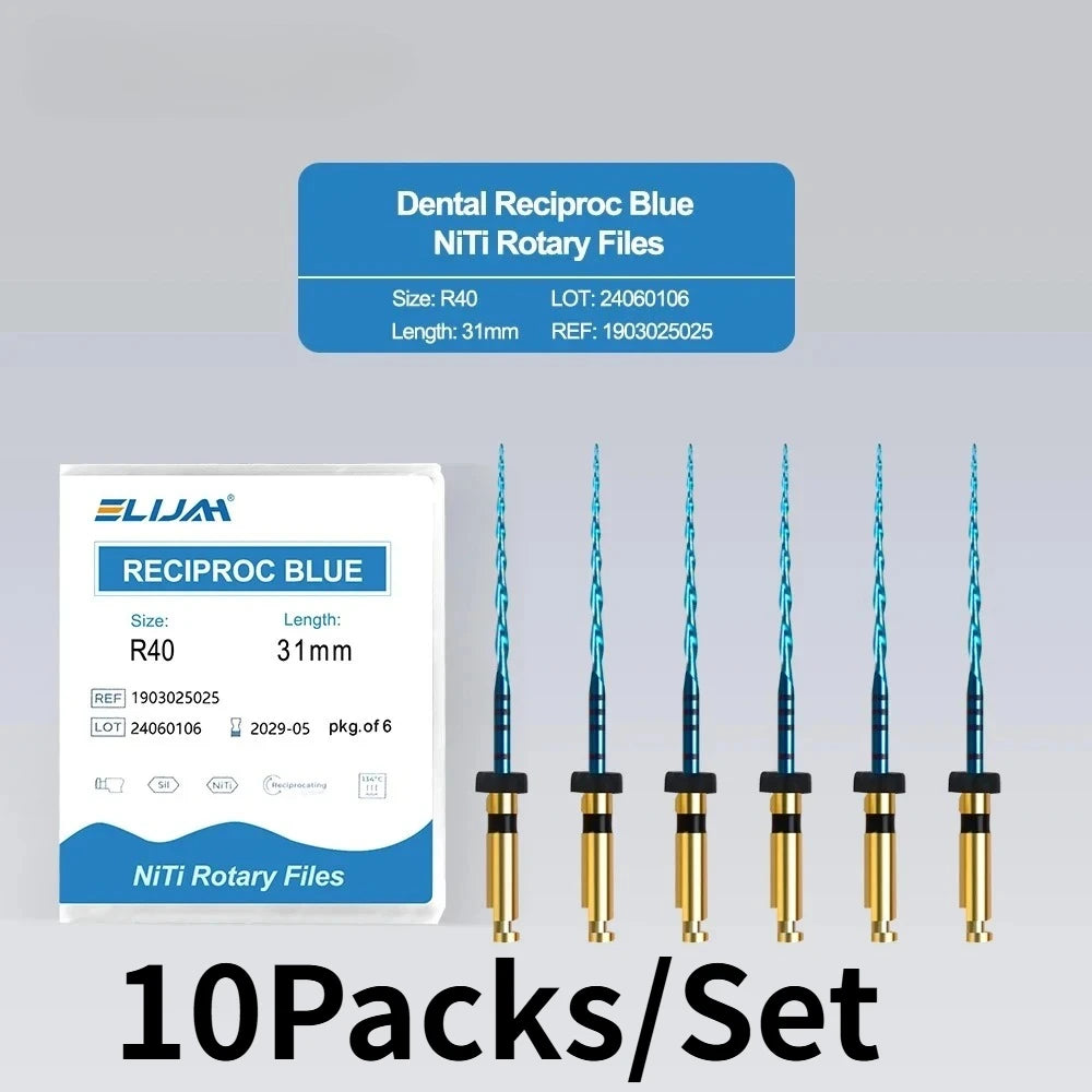 SYJH 10-pack blue NiTi dental reciprocating rotary root canal files, 31mm length, R40 size for endodontic treatment.