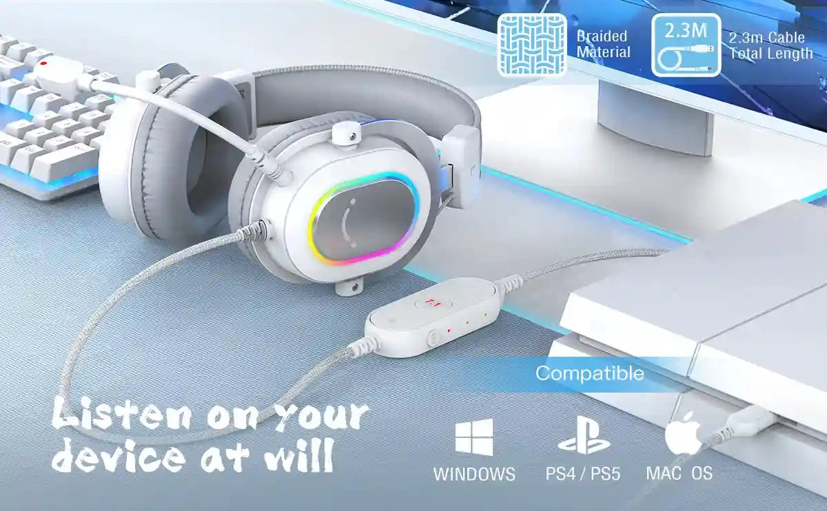 RGB Gaming Headset 7.1 Surround Sound - White Over-Ear Wired Headset Tidesmit