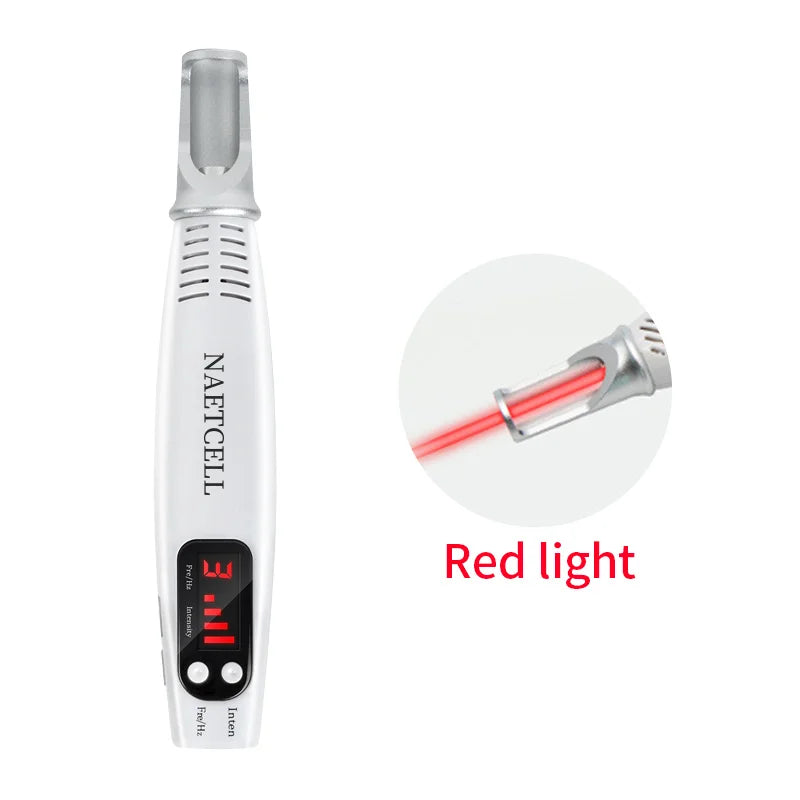 White handheld picosecond laser pen for facial skin pigment, tattoo, and mole removal with red light beam and LCD.