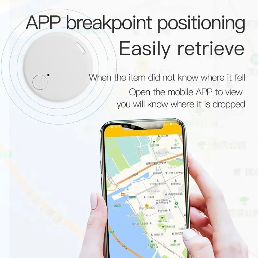 White mini Bluetooth GPS tracker for pet or luggage tracking with real-time app location finding on a smartphone.