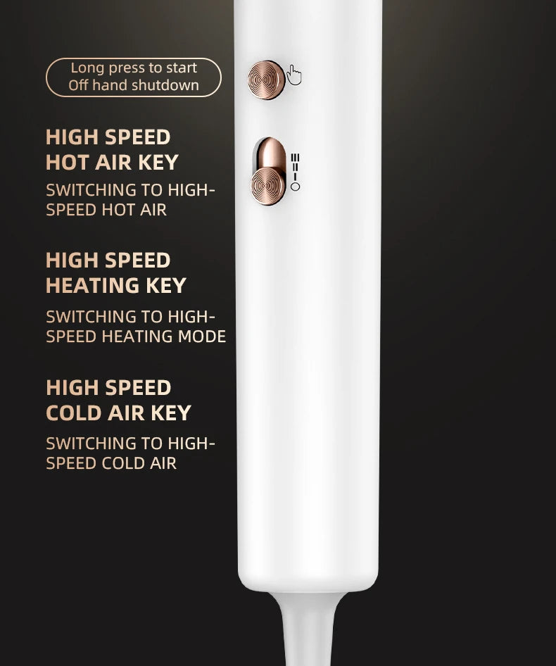 White wall-mounted 1300W hair dryer handle with touch-sensor start and rose gold speed/heat control buttons.