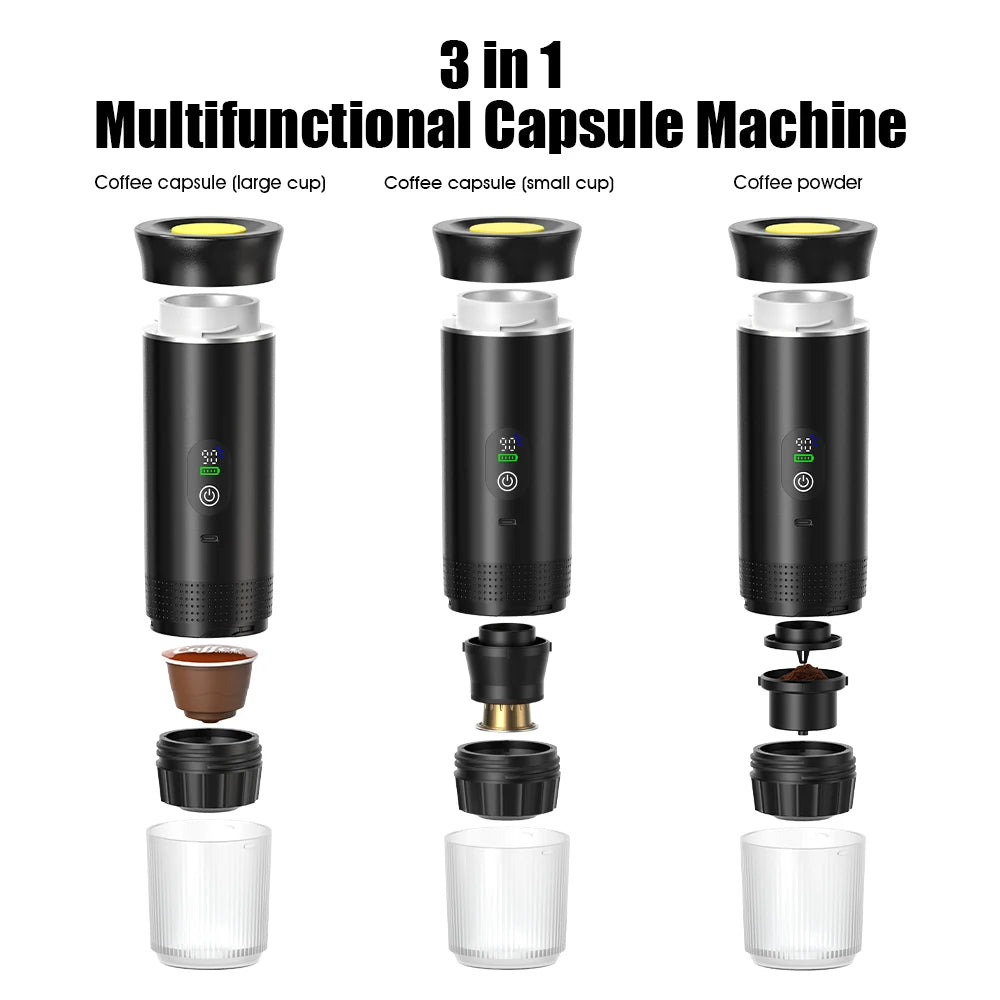 Black 3-in-1 portable espresso maker for coffee capsules and powder with digital temperature display and clear cup.