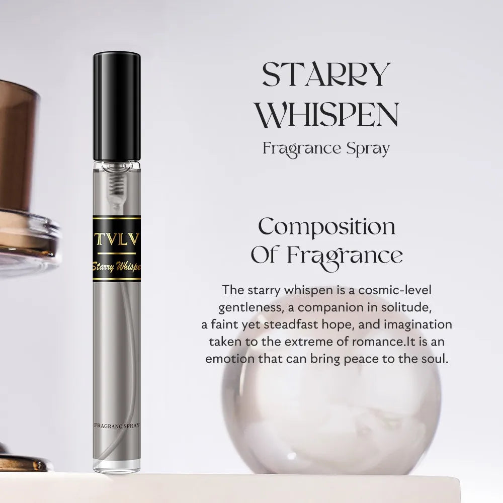 TVLV Starry Whispen luxury women’s fragrance spray, long-lasting floral fruity vanilla perfume in a slim glass bottle.