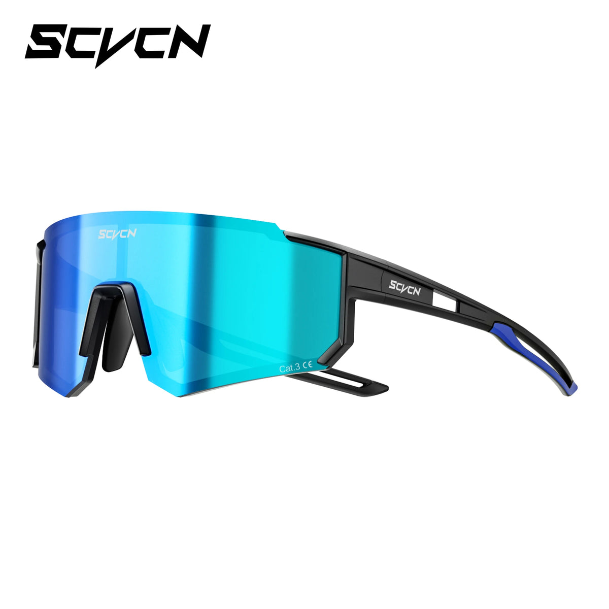Cycling sunglasses, blue mirrored lenses and black frame with side shields