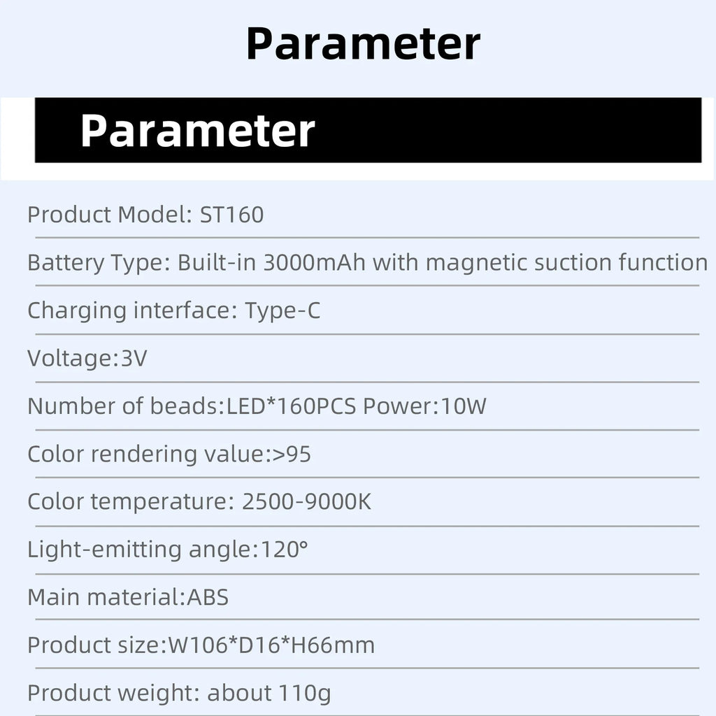 ST160 LED light panel with 3000mAh magnetic battery, Type-C charging, adjustable color temperature, and ABS casing.