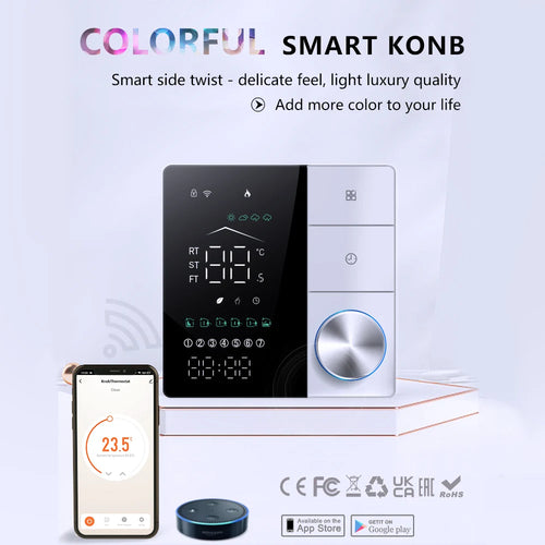 Smart WiFi floor heating thermostat with white panel, touchscreen display, and silver knob