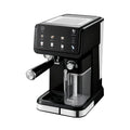 Black automatic espresso machine with milk frother, touchscreen interface, and stainless steel accents.