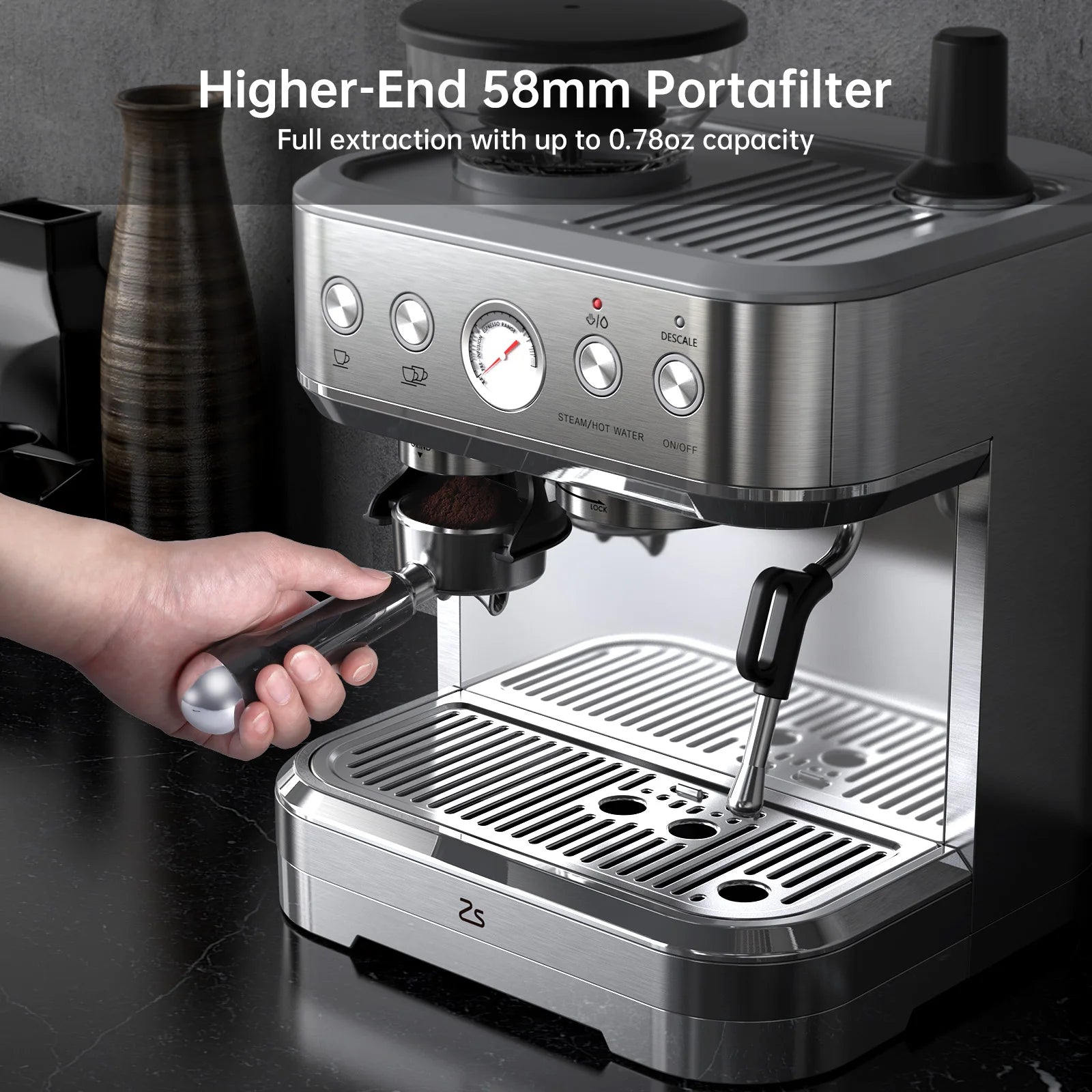 Stainless steel espresso machine with 58mm portafilter, pressure gauge, and steam wand for home coffee brewing.