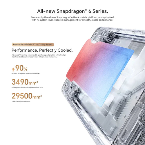 HONOR X9d 5G smartphone internal VC cooling system with gradient thermal layer and Snapdragon 6 Gen 4 processor.