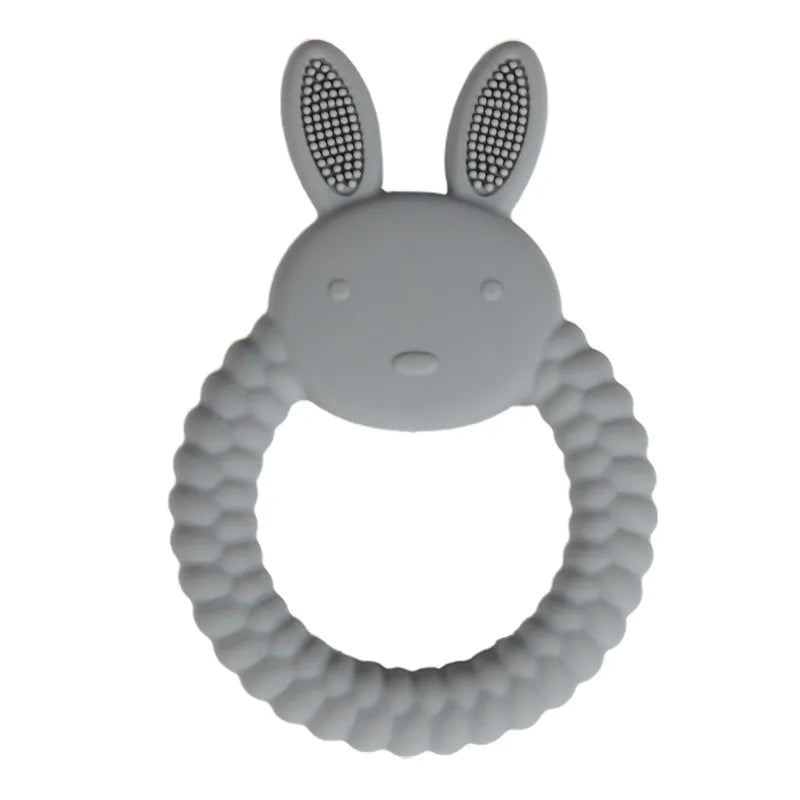 Grey silicone rabbit teething ring for baby teething relief.