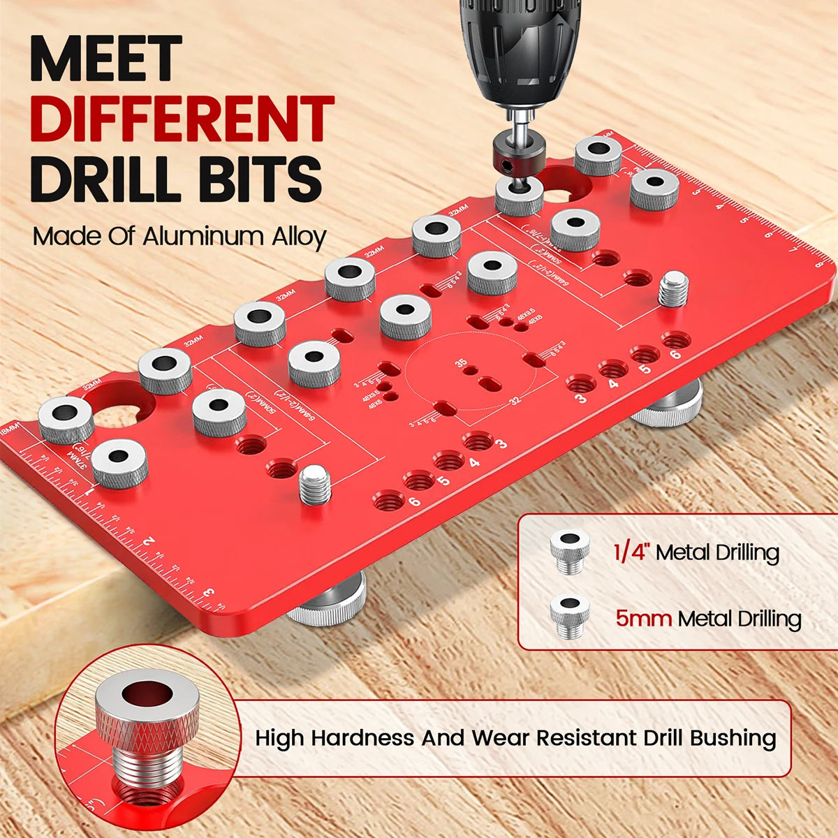 Shelf Pin Jig and Hinge Jig Two-in-One, Self-contained Clamping Function All Metal Shelf Pin Drilling Jig with 1/4" and 5mm Dril