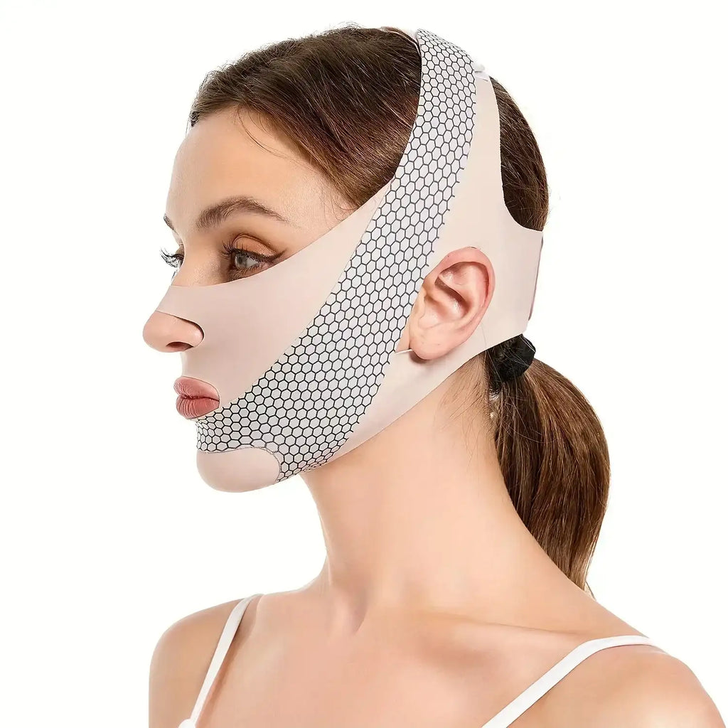Woman wearing a beige V-line face slimming bandage with a black honeycomb pattern on the side panels.