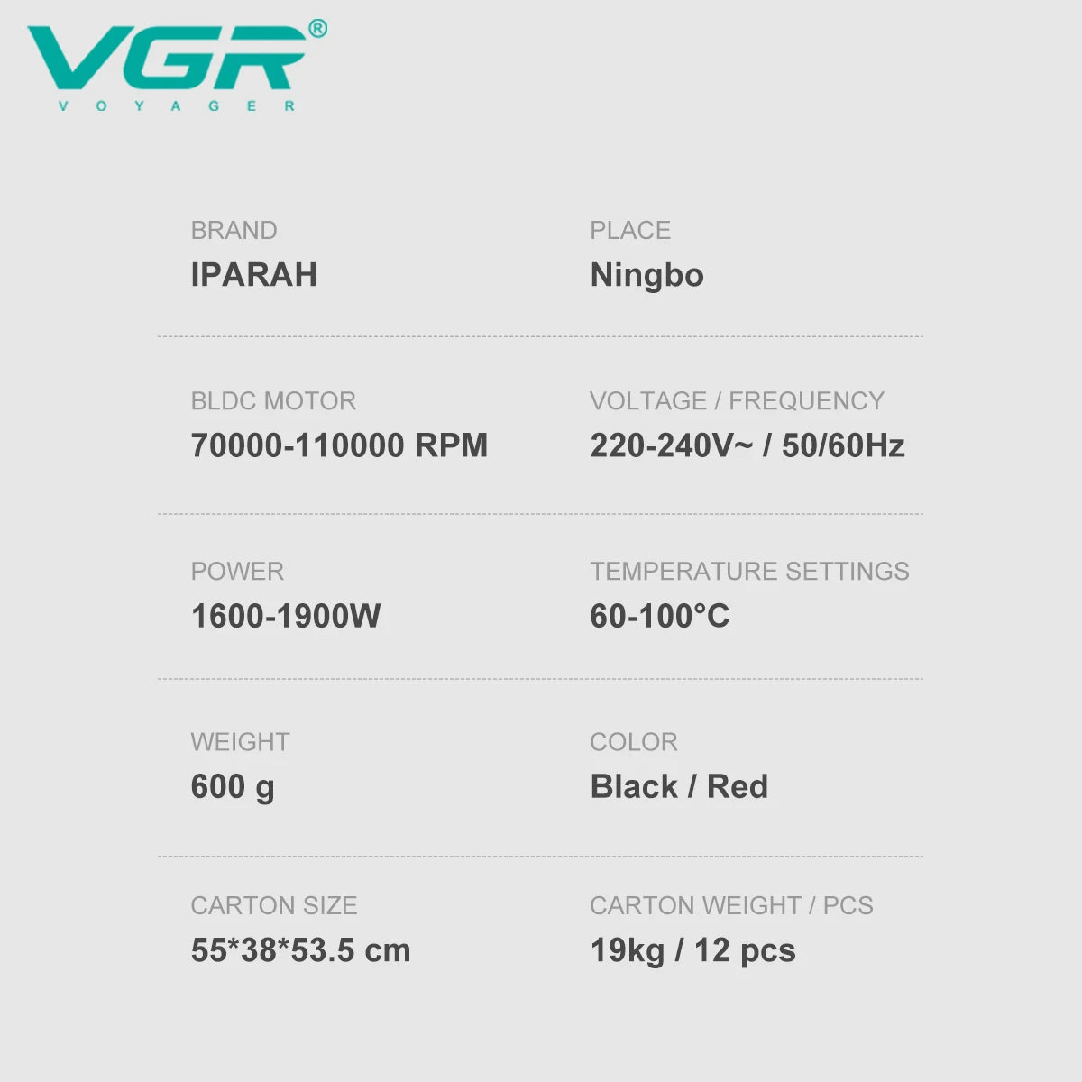 VGR V-401 Professional Hair Dryer: 110,000 RPM BLDC motor, 1900W power, heat settings, in black and red finish.