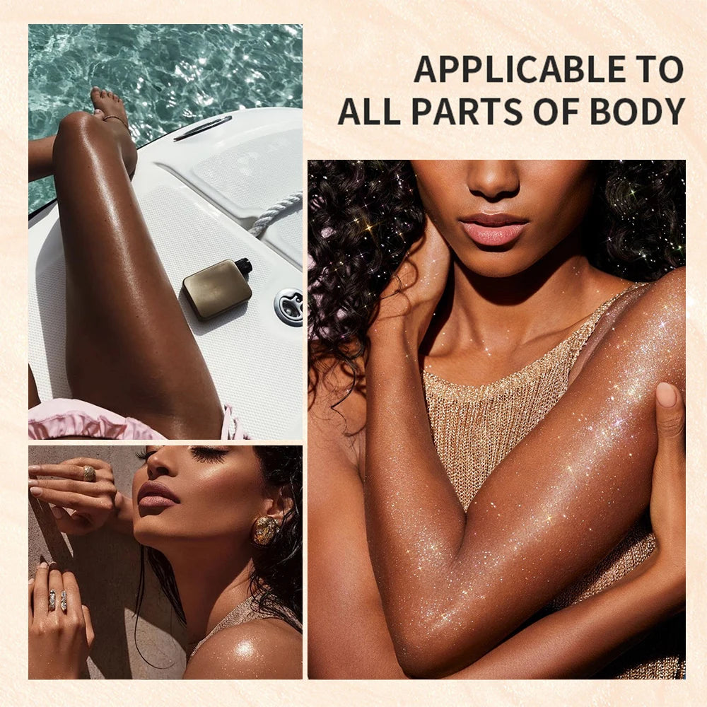 Tidesmit liquid body highlighting shimmer oil texture close-up for radiant glow face makeup and glitter body spray